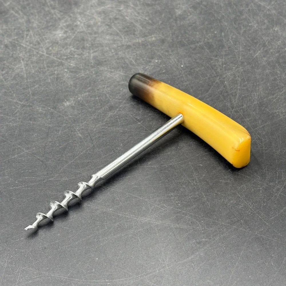 Vtg MCM T-Handle Corkscrew Faux Horn Marbled Yellow Brown Barware Wine Opener